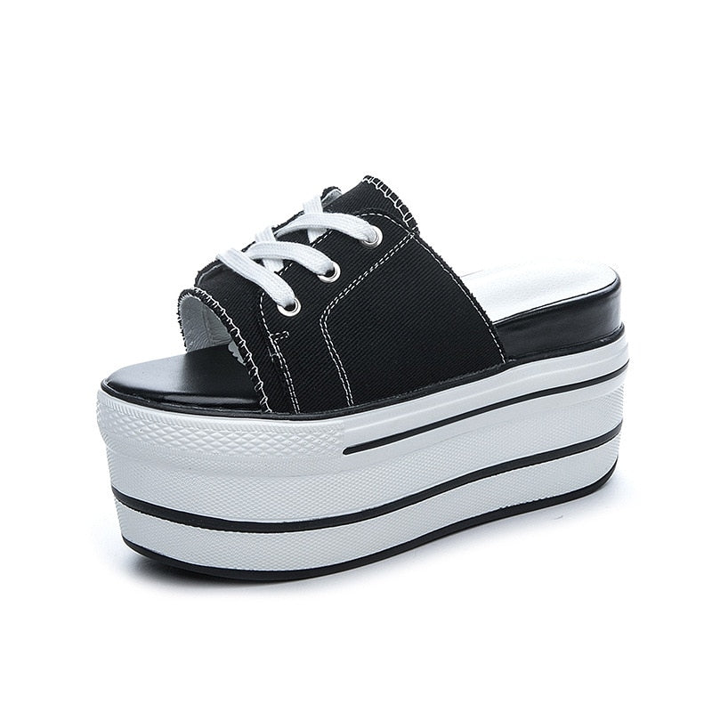 flowersverse 9.5Cm Super High Platform Flats Wedge Genuine Leather Women Summer Shoes Lace Up Open Toe Slides Slippers Mules Sandals