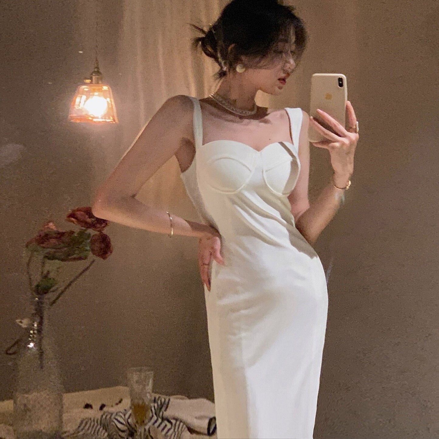 flowersverse Back to school outfit Women Velvet Tube Top Strap Dress Autumn Winter Temperament Waist Slimming Mid-Length Sleeveless Bottom Solid Color Vestido