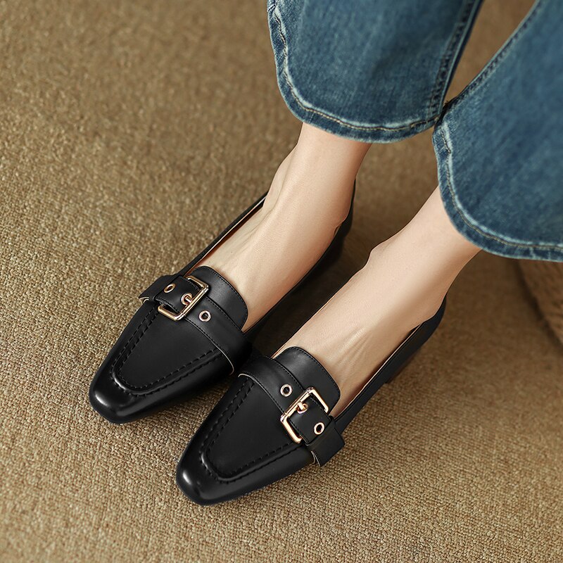 flowersverse new women pumps natural leather 22-25cm length cowhide+pigskin full leather Square toe Buckle Square heel ladies shoes