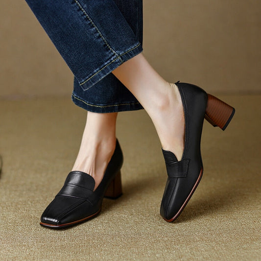 flowersverse Fall Shoes Genuine Leather Woman Shoes Square Toe Chunky Heel Shoes Slip-On Women Pumps Solid High Heels Classics Ladies Shoes