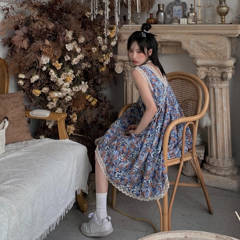 flowersverse Autumn Sweet Elegant Floral Dress Women Korean Fashion Vintage Evening Party Midi Dresses Print Retro Suspender Dress