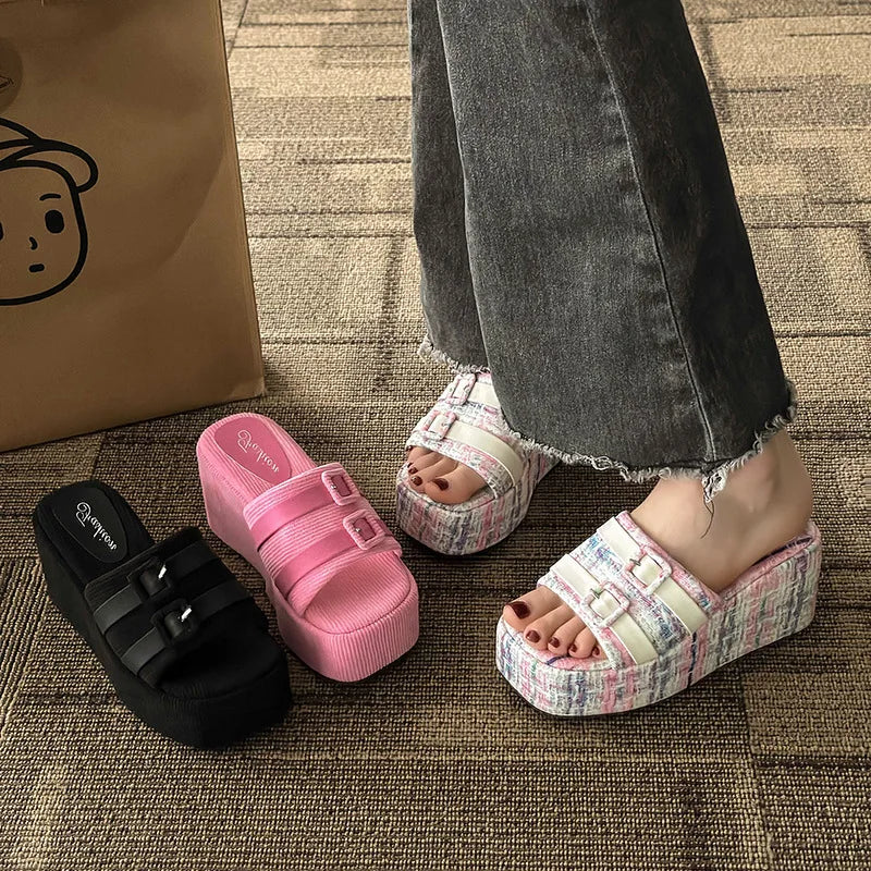 flowersverse-Square Head Platform Slippers Belt Buckles Corduroy Open-toe Women Sandals Summer New Designer Shoes Fashion Wedge Sandals