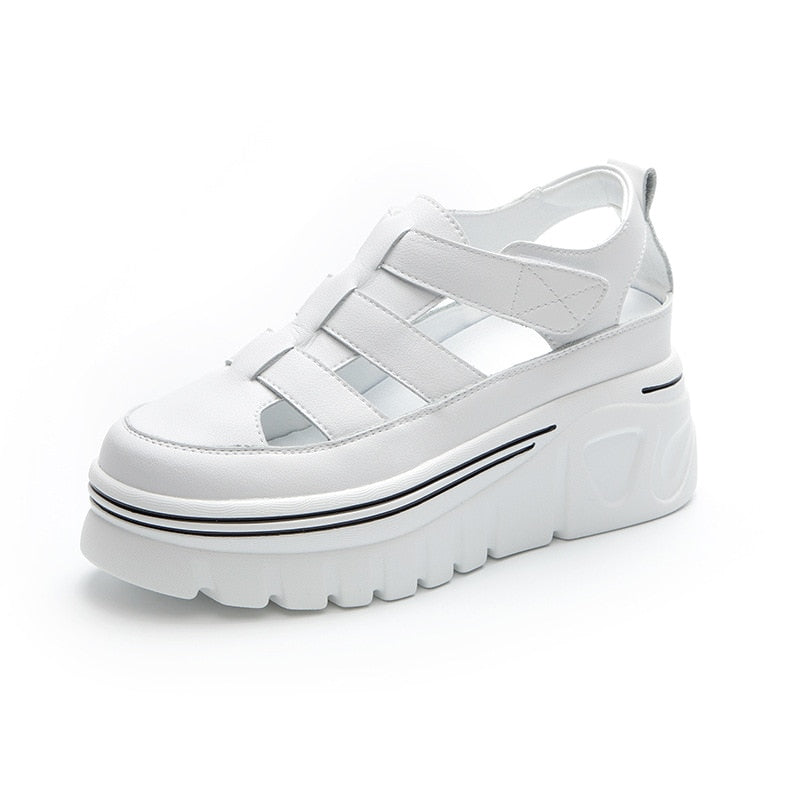 flowersverse 6Cm Genuine Leather Women Platform Sandals Wedge Slides Hook Look Women Summer Shoes Slides Slippers Elegant White Shoes