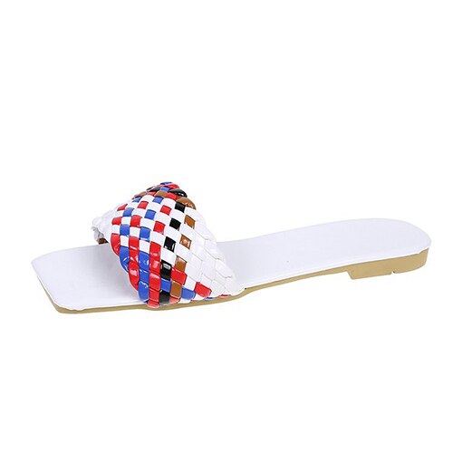 flowersverse New Fashion Weave Slippers Women Square Toe Flat Casual Shoes Women Slide Summer Flip Flops Beach Sandal Slipper Big Size42