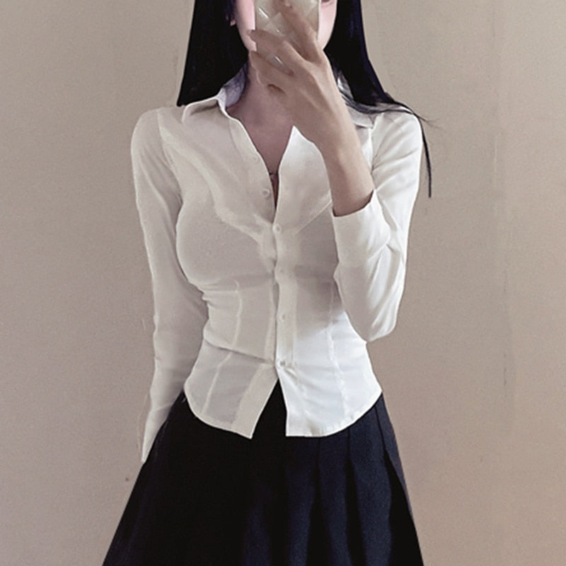 Back to college Slim Basic White Shirt Women Tunics Vintage Cute Korean Style Long Sleeve School Shirt Girls Casaul Jk Uniform Tops