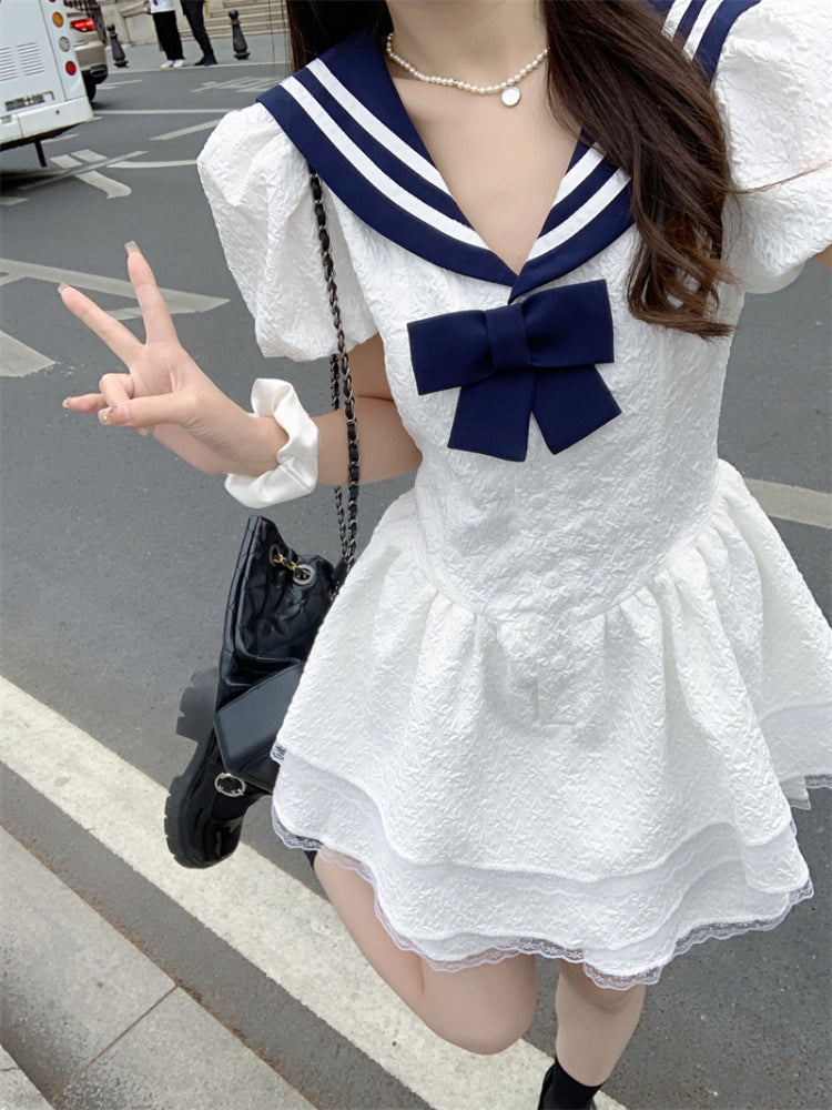 flowersverse Back to school outfit White Y2k Mini Dress Women Casual Sailor Collar Kawaii Clothing Lolita Evening Short Party Dress Elegant Vintage Summer