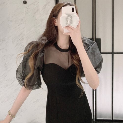 flowersverse Back to school outfit Elegant Dress Women Korean Chic French Summer O Neck Mesh Stitching Puff Sleeve High Waist Slim Long Fishtail Vestidos