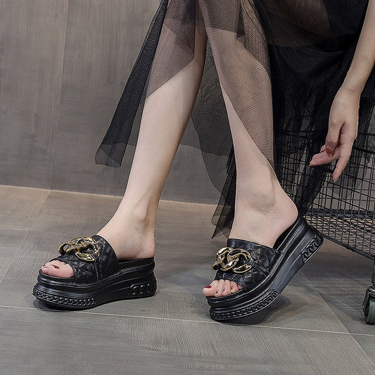flowersverse 7Cm Genuine Leather Women Summer Shoes Outside Slippers Beach Shoes Platform Wedges Slides Sandals Beach Shoes