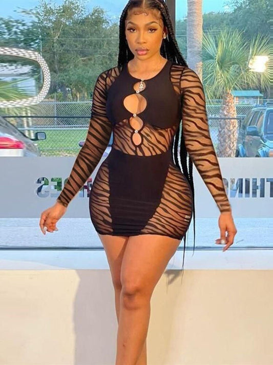 flowersverse Hirigin Hollow Out Bodycon Dress For Women Summer Autumn Night Club Wear Mesh Sheer Long Sleeve Mini Dresses Streetwear