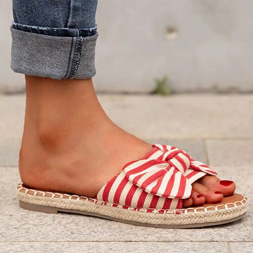 Back to school flowersverse Women's Bow Slippers Summer Ladies Sandals Flat Woman Stripe Open Toe Slides Female Beach Shoes Women Slip On Footwear