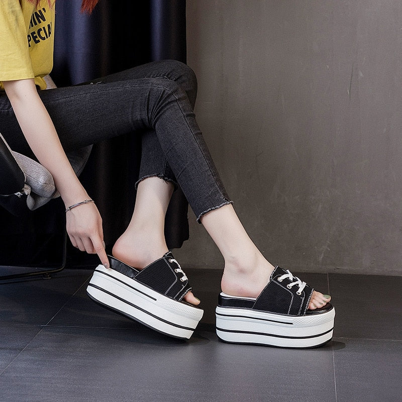 flowersverse 9.5Cm Super High Platform Flats Wedge Genuine Leather Women Summer Shoes Lace Up Open Toe Slides Slippers Mules Sandals