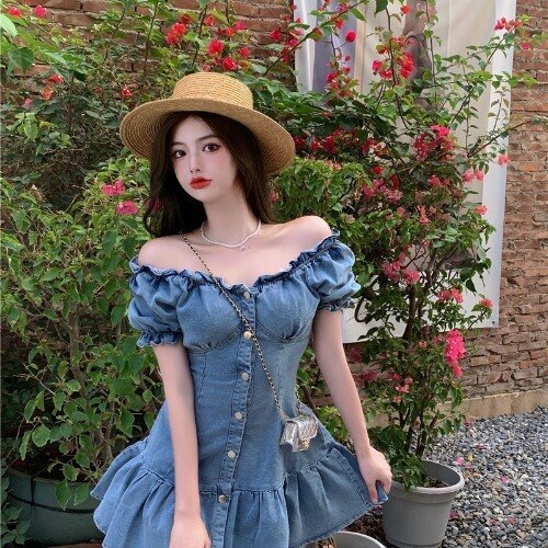 flowersverse Back to school outfit Summer New Style French First Love Fishtail Dress Women Sweet Temperament One-Shoulder Waist Slim A-Line Denim Vestidos