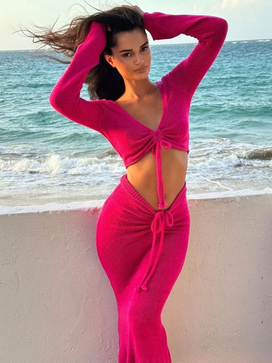 flowersverse Autumn Two Piece Skirt Set Women V Neck Long Sleeve T-shirt And Long Skirt Ladies Skirt Sets Pink Hoco Dress