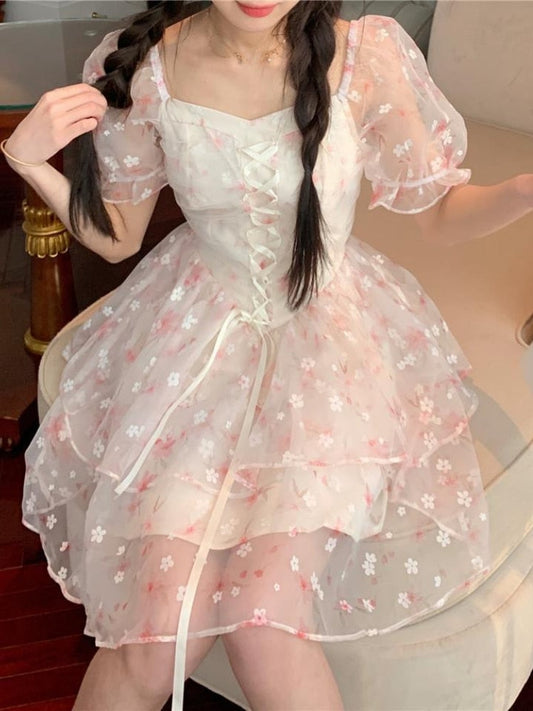 flowersverse Back to school outfit Kawaii Clothing Lolita Mini Dress Women Casual Short Sleeve Floral Beach Sundress Female Summer Even Party Dress Korean