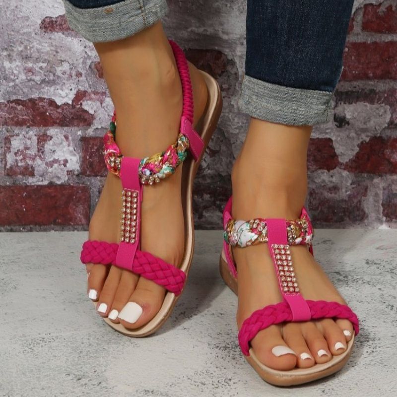 flowersverse Summer Flat Sandals for Women Rhinestone Elastic Back Strap Gladiator Sandals Woman Comfortable Non Slip Beach Shoes