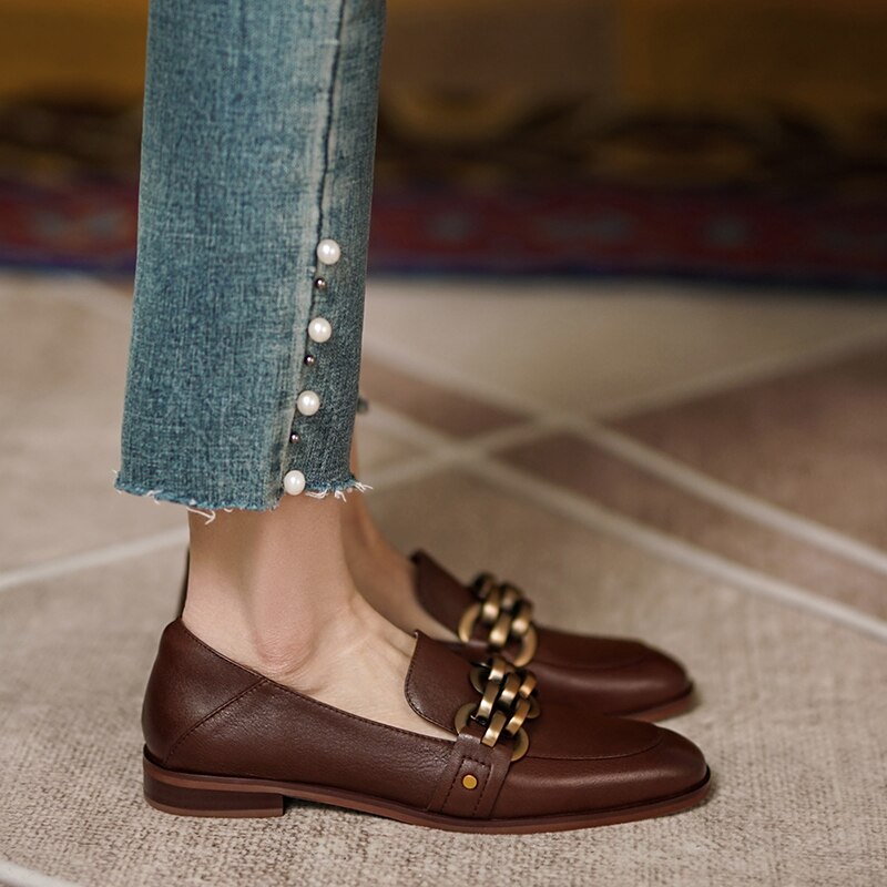 flowersverse New Women Chain Loafers 22-25cm Low Heels Genuine Leather Round Toe Slip on Loafers Ladies Cozy Casual Spring Shoes