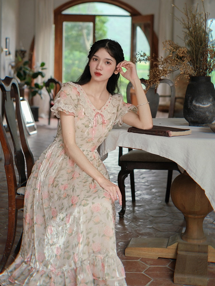 flowersverse Back to school outfit Mori Girl Print Floral Dress Woman Summer Vingtage French Style Peter Pan Collar Lace Puff Sleeve Dresses Robe Fleurie