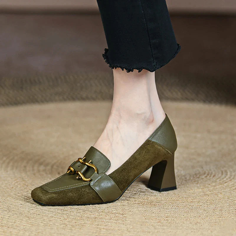 flowersverse-Retro Luxury Women's Shoes Pumps New Metal Decoration Square Toe Brand Mueller Shoes Green Designer High Heeled Loafers