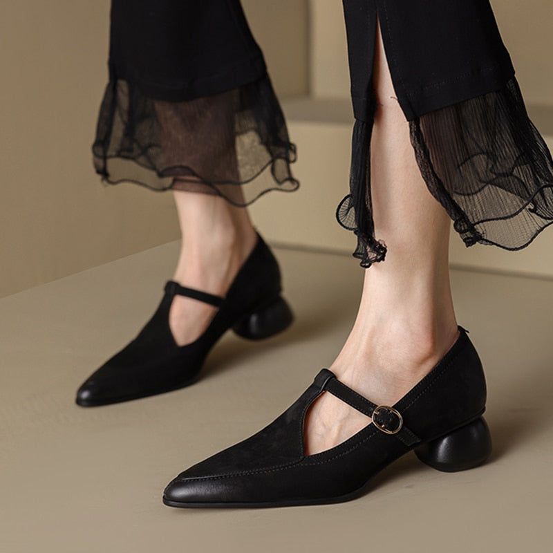 Back to school new Spring women pumps natural leather 22-24.5cm length sheepskin t-tied pointed toe Buckle Mary Jane shoes T-strap