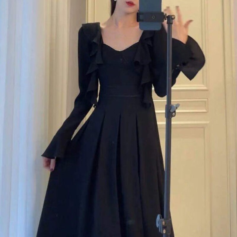 flowersverse Back to school outfit Summer Long Sleeve Pure Color Dress Woman Casual Elegant Midi Dress Vintage Korean Fashion Evening Party Dress Design Slim