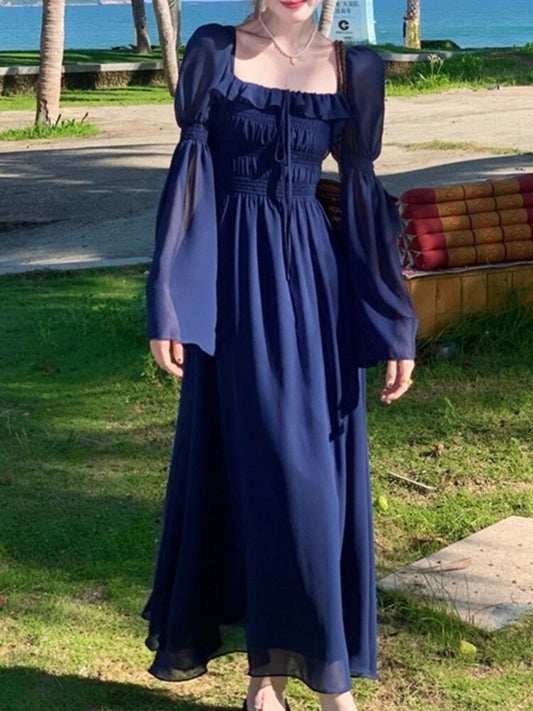 flowersverse Autumn Casual Elegant A-Line Party Dresses for Women Vintage Solid French Style Prom Robe Female Fashion Wedding Vestidos