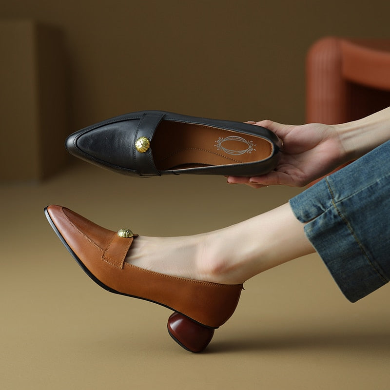 Back to school new Spring women pumps natural leather 22-24.5cm cowhide upper pointed toe metal Vintage loafers round heels women's shoes