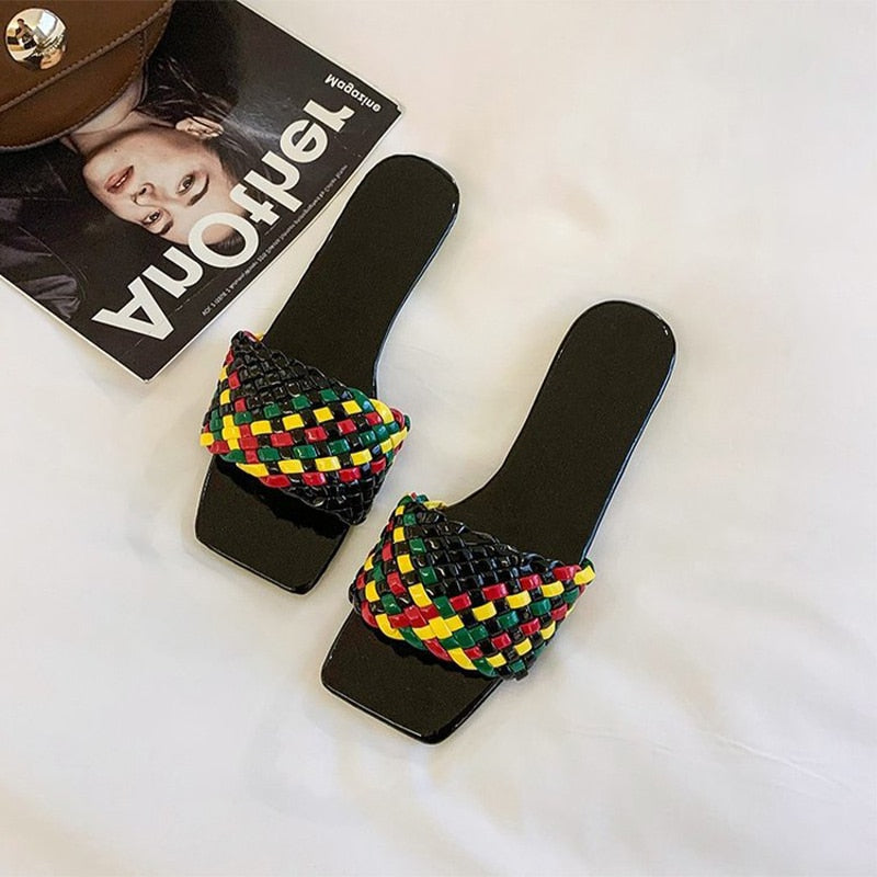 flowersverse New Fashion Weave Slippers Women Square Toe Flat Casual Shoes Women Slide Summer Flip Flops Beach Sandal Slipper Big Size42