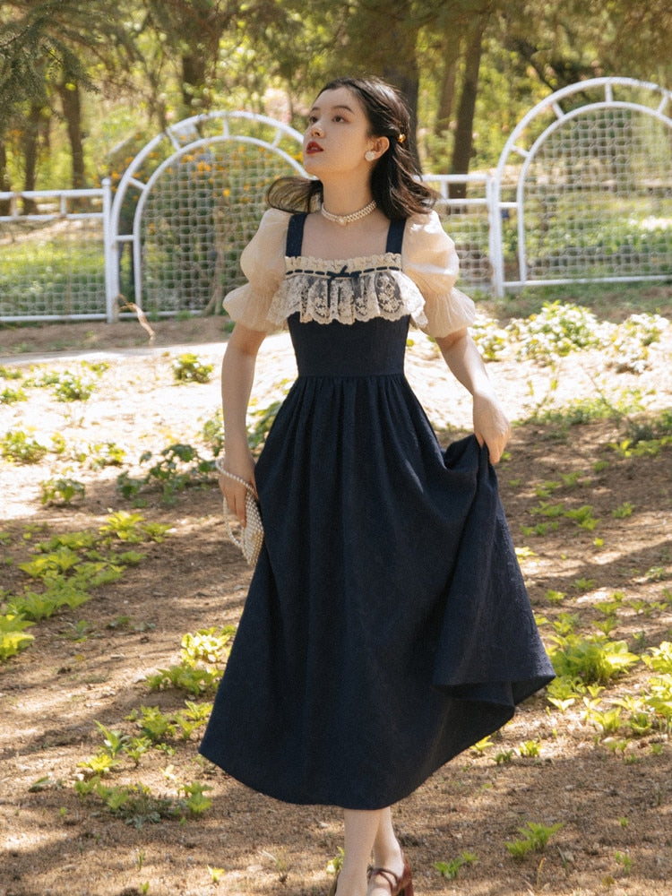 flowersverse Back to school Summer Retro Woman Jacquard Dress Vitnage French Style Puff Sleeve Lace Square Collar Elegant Blue Midi Dresses Vestido Festa