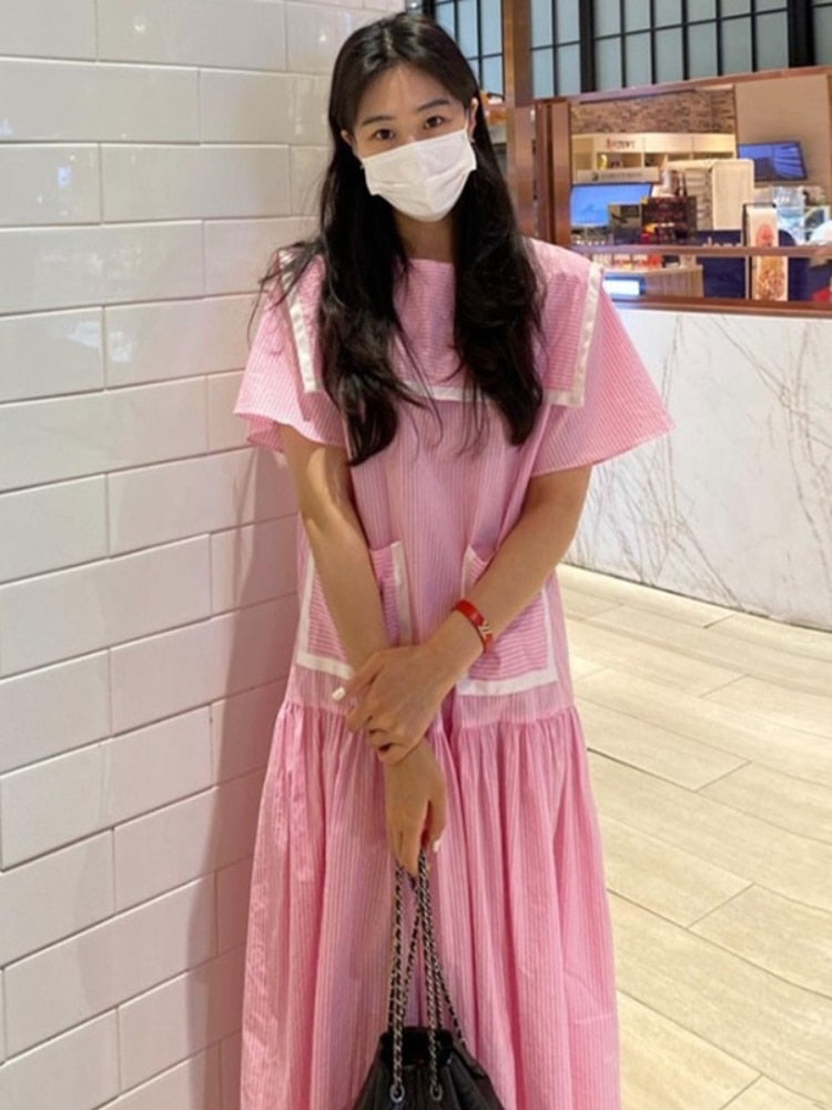 flowersverse Back to school outfit Long Dress Women Summer Korean Chic Sweet Navy Collar Contrast Color Stitching Short-Sleeved Double-Pocket Vestidos