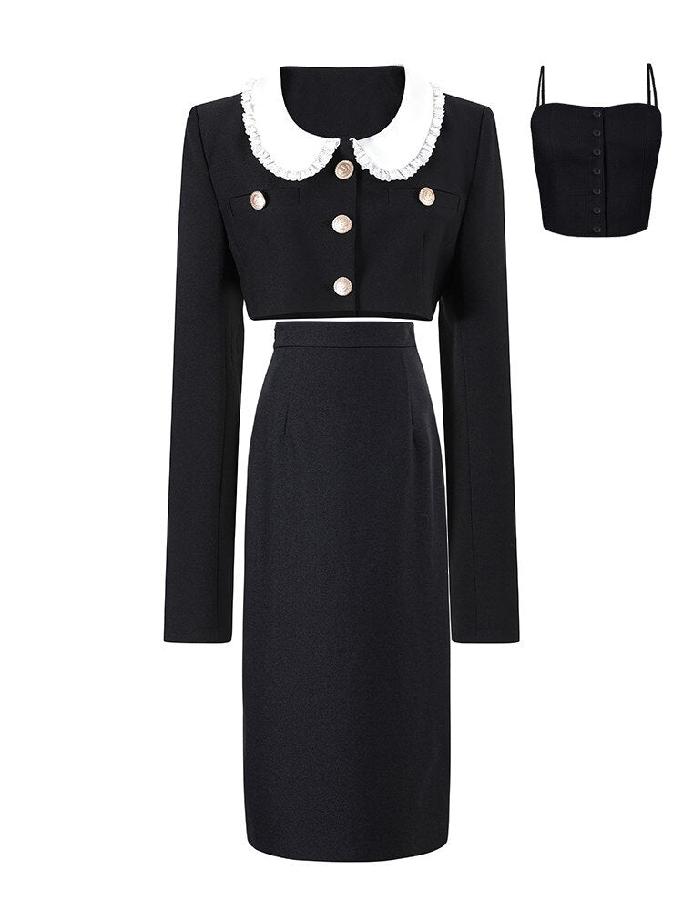 flowersverse Autumn 3 Piece Dress Set Solid Korean Suit Slim Strap Vest + Long Sleeve Crop Tops + Casual Elegant Midi Skirt Woman Chic