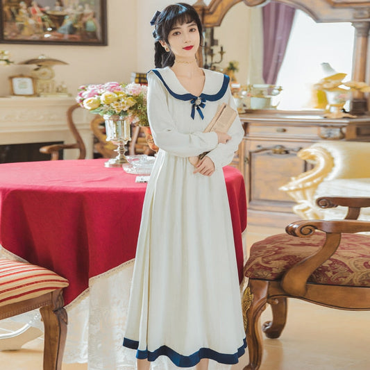 flowersverse Back to school Japan Preppy Style White Sailor Dress Woman Chic Vintage Bow Mori Girl Cottage Dresses Vestido Blanco Robe Blanche Femme