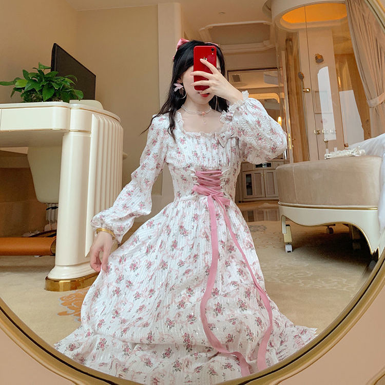 flowersverse Back to school outfit Sweet Summer Dress Women French New Vintage A-Line Short Sleeve Bow High Waist Thin Strap Floral Long Vestidos