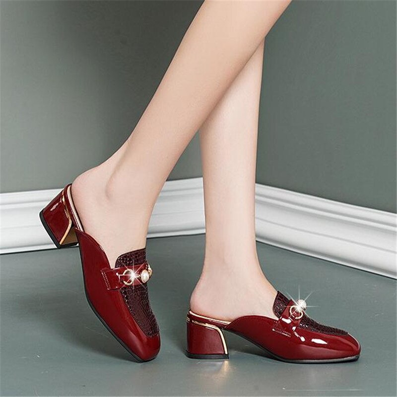 flowersverse Women Baotou Half Slippers Fashion Metal Chain Square Toe Thick Heel British Style Office Casual Shoes Spring Summer