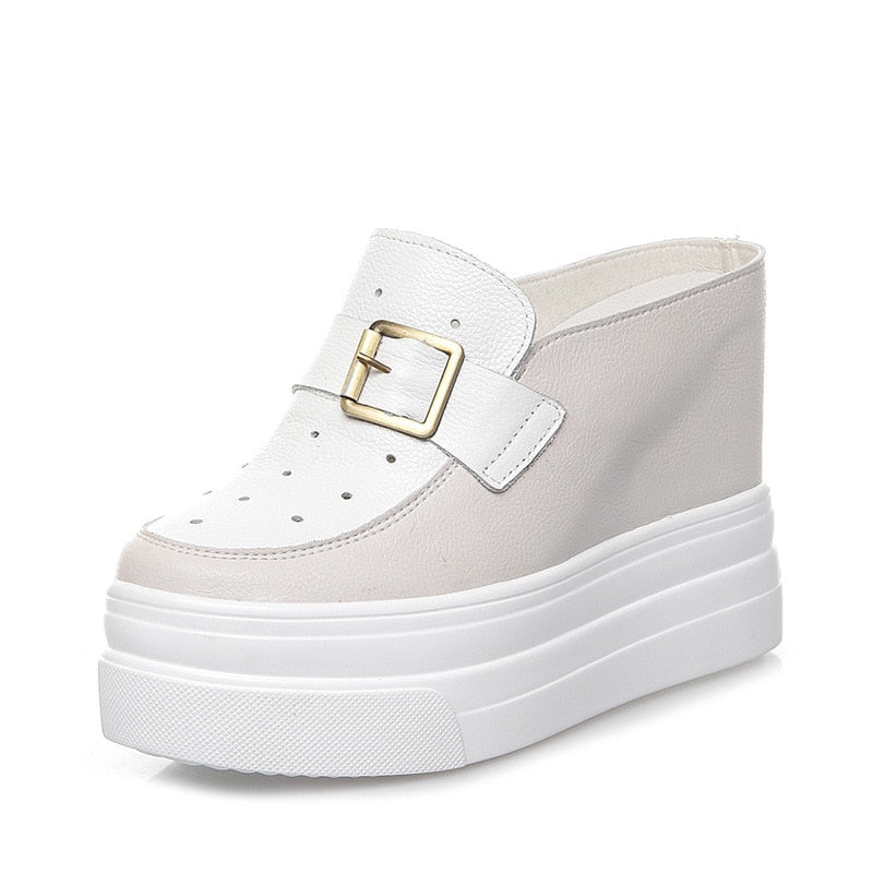 flowersverse 11Cm Platform Wedge Women Mules Shoes Genuine Leather Za Fashion Chunky Women Sandals Slippers Slides Shoes Sneakers