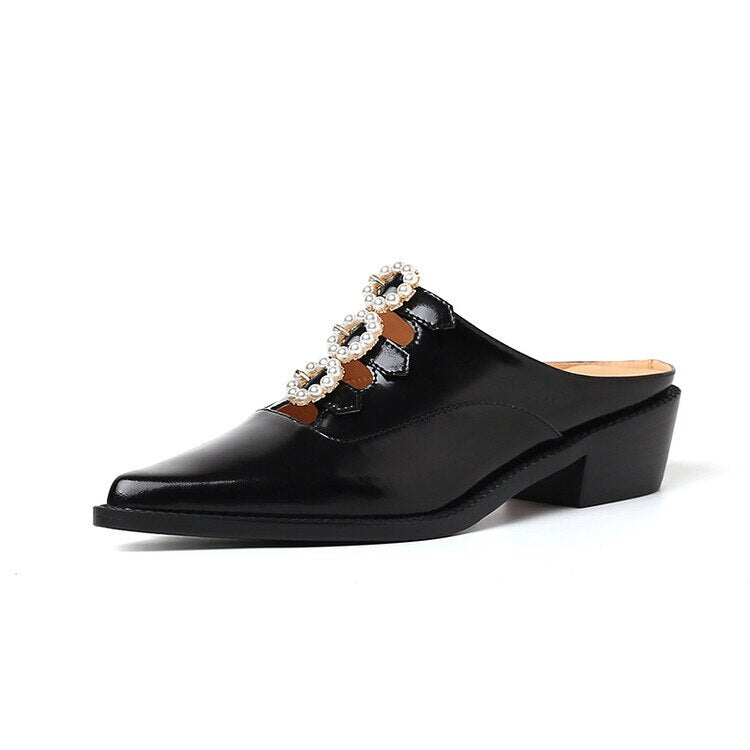 flowersverse Summer Shoes Women Pearl Women Slippers Covered Toe Chunky Mules Patent Leather Shoes for Women Slingback Sandals Handmade Shoes