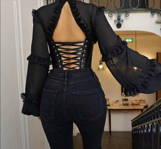 flowersverse Spring Eyelet Lace-up Frill Hem Backless Crop Top Women Long Sleeve Shirt Cotton Blouse 1119