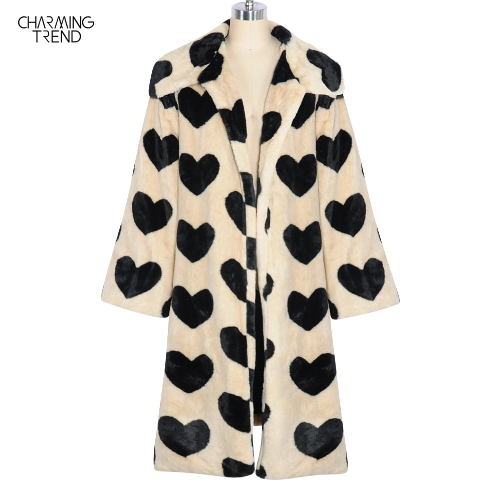 flowersverse Winter Women Warm Faux Fur Coat Love Pattern Women Long Coat Turn Down Collar Women Warm Plush Coat Classic Coat Loose