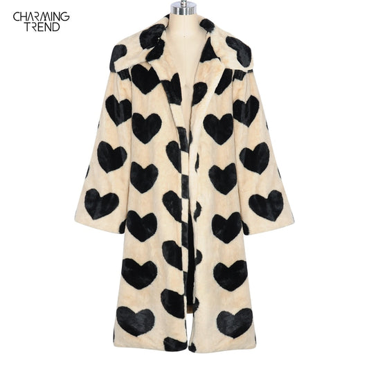 flowersverse Winter Women Warm Faux Fur Coat Love Pattern Women Long Coat Turn Down Collar Women Warm Plush Coat Classic Coat Loose