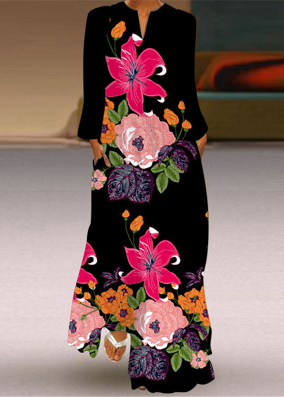 flowersverse Unique Butterfly Print Pockets Chiffon Maxi Dresses Long Sleeve LY1923