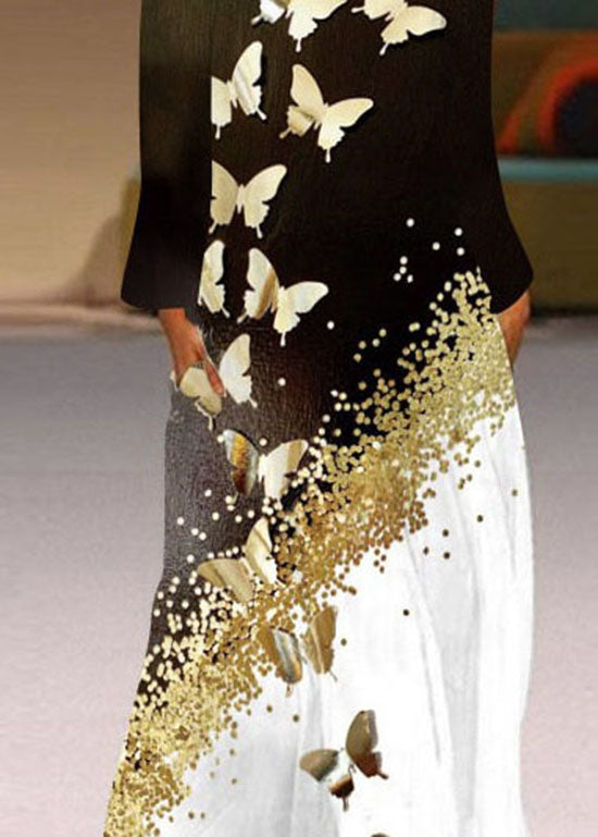 flowersverse Unique Butterfly Print Pockets Chiffon Maxi Dresses Long Sleeve LY1923
