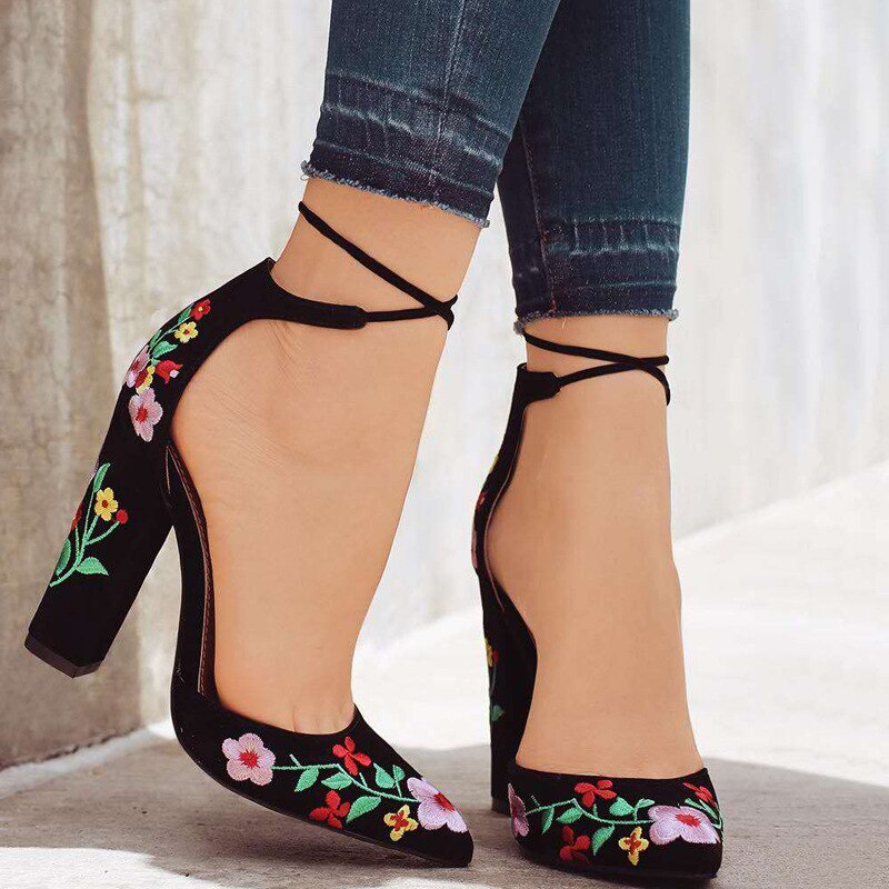 flowersverse Women High Heels Plus Size Embroidery Pumps Flower Ankle Strap Shoes Female Two Piece Party Wedding Pointed Toe
