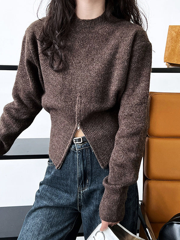 flowersverse Solid Color Zipper Long Sleeves Loose Mock Neck Sweater Tops Pullovers