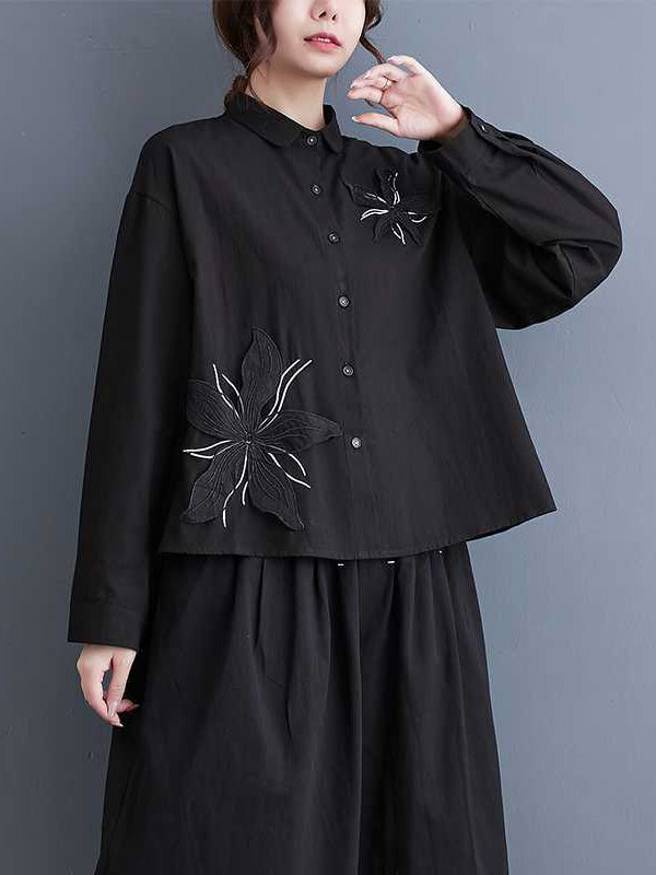 flowersverse Applique Buttoned Embroidered Long Sleeves Loose Lapel Blouses&Shirts Tops
