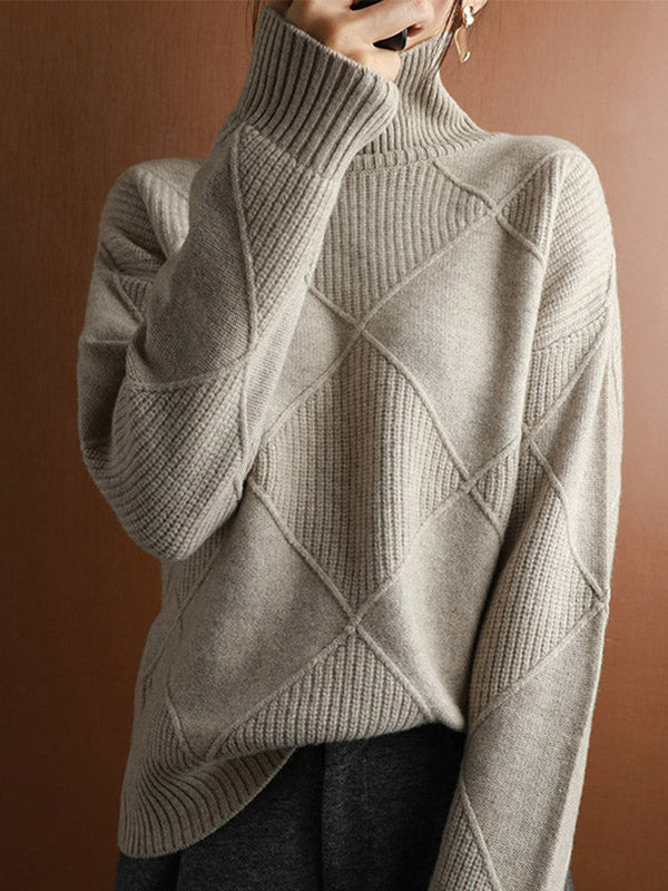 flowersverse Casual Loose Solid Color Striped High-Neck Long Sleeves Sweater Tops
