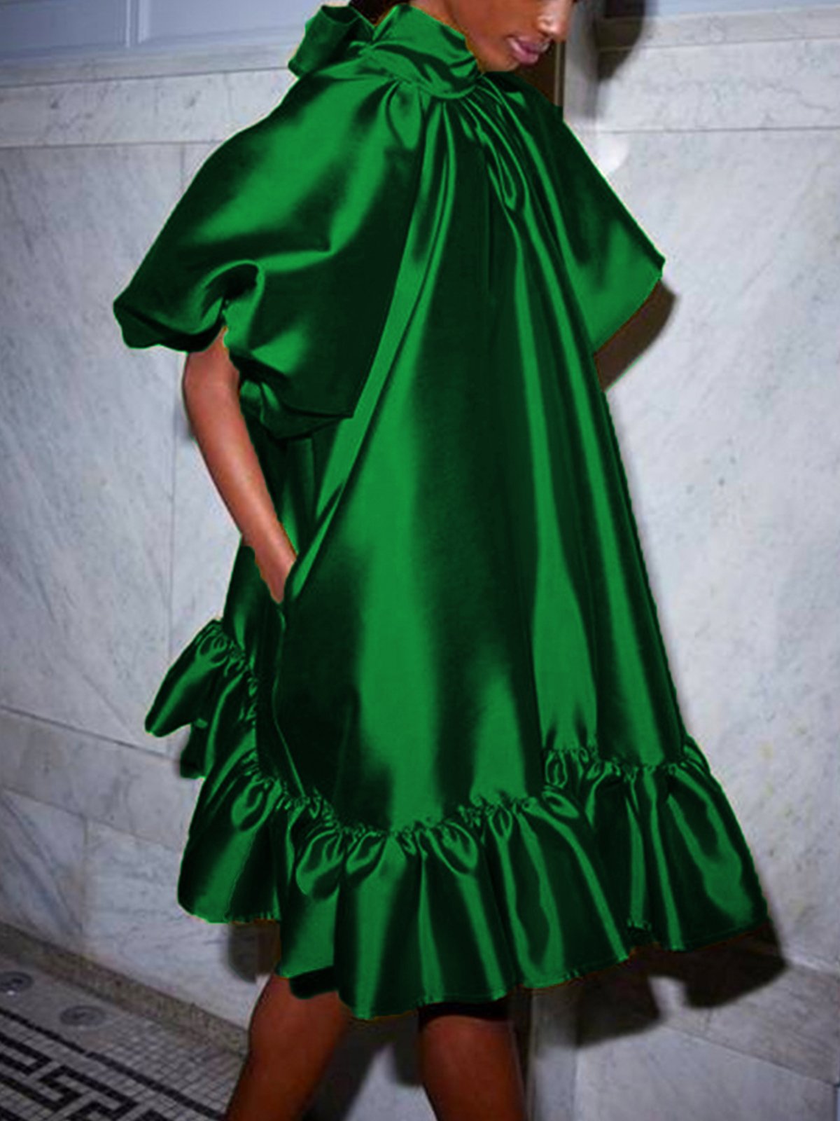 flowersverse Satin Stand Collar Plain Elegant Ruffled Skirt Party Dress