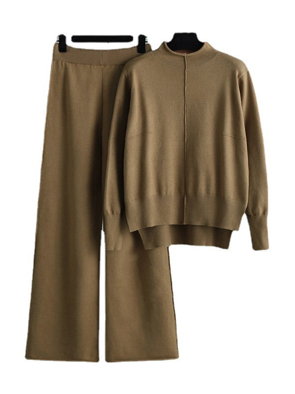 flowersverse Stylish High-Low Long Sleeves Split-Side Solid Half Turtleneck Sweater Tops & Wide Leg Pants Two Pieces Set