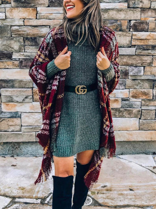 flowersverse Casual Loose Plaid Tasseled Cardigan Tops