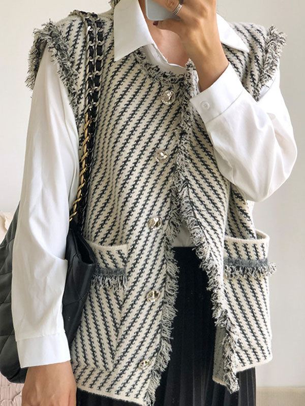 flowersverse Buttoned Fringed Pockets Striped Loose Sleeveless V-Neck Vest Outerwear