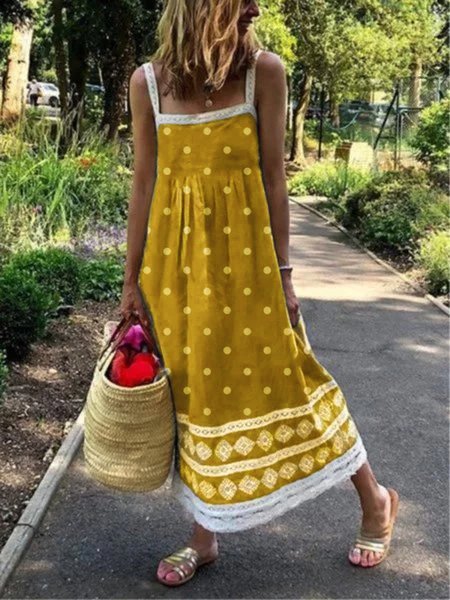 flowersverse Plus Size Women Sleeveless Polka Dots Casual Weaving Dress