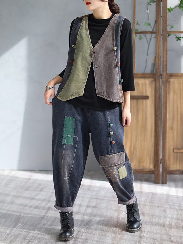flowersverse Loose Split-Joint V-Neck Vest Top + Jean Harem Pants Bottoms Two Pieces Set